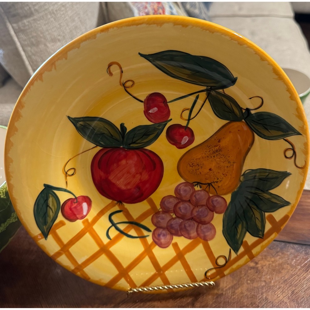 Kristine Hand Painted Ceramic Fruit Bowl Yellow Apple Pear Grapes 12 Inch